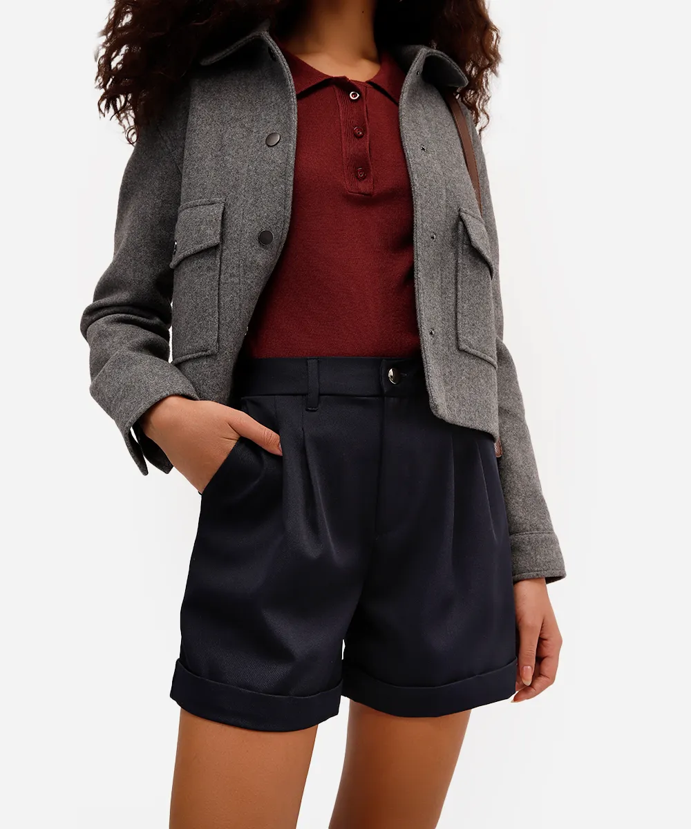 short de alfaiataria feminino com pregas azul