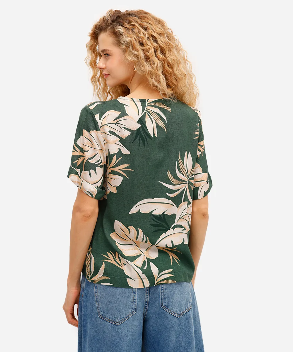 blusa feminina de viscose decote v folhagens verde — foto 2