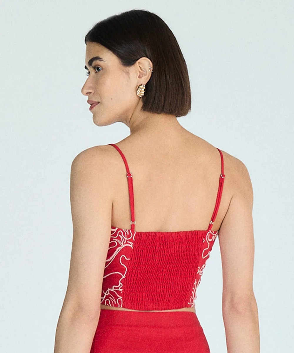cropped alça fina feminino com linho bordado vermelha — foto 2