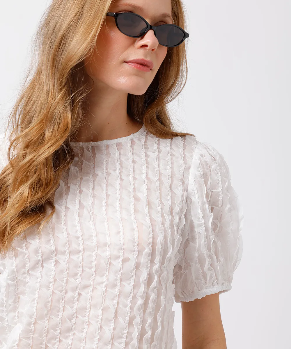 blusa feminina manga bufante com babados mindset off white — foto 4
