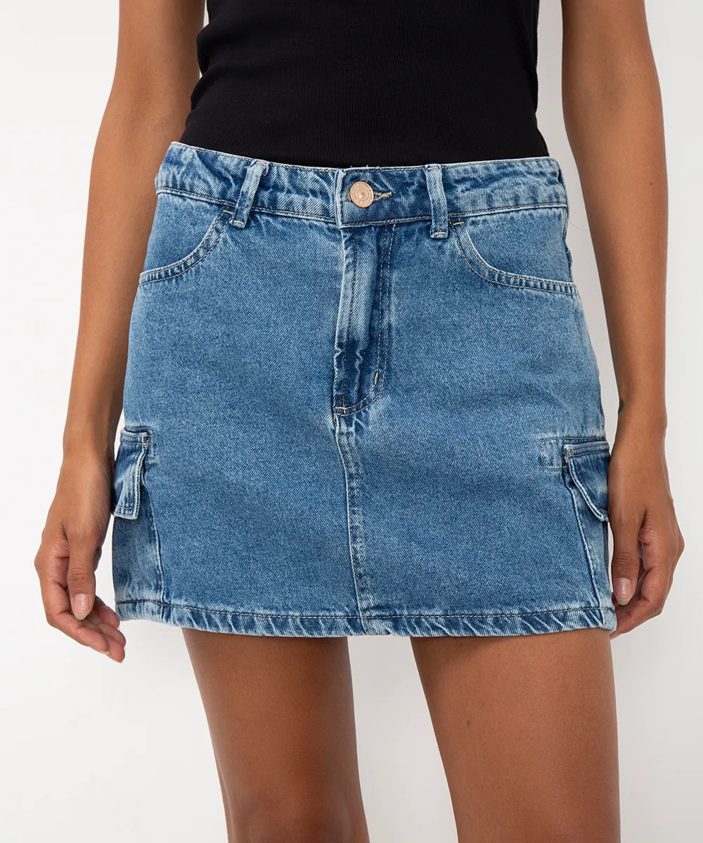 minissaia jeans cintura média cargo azul — foto 3