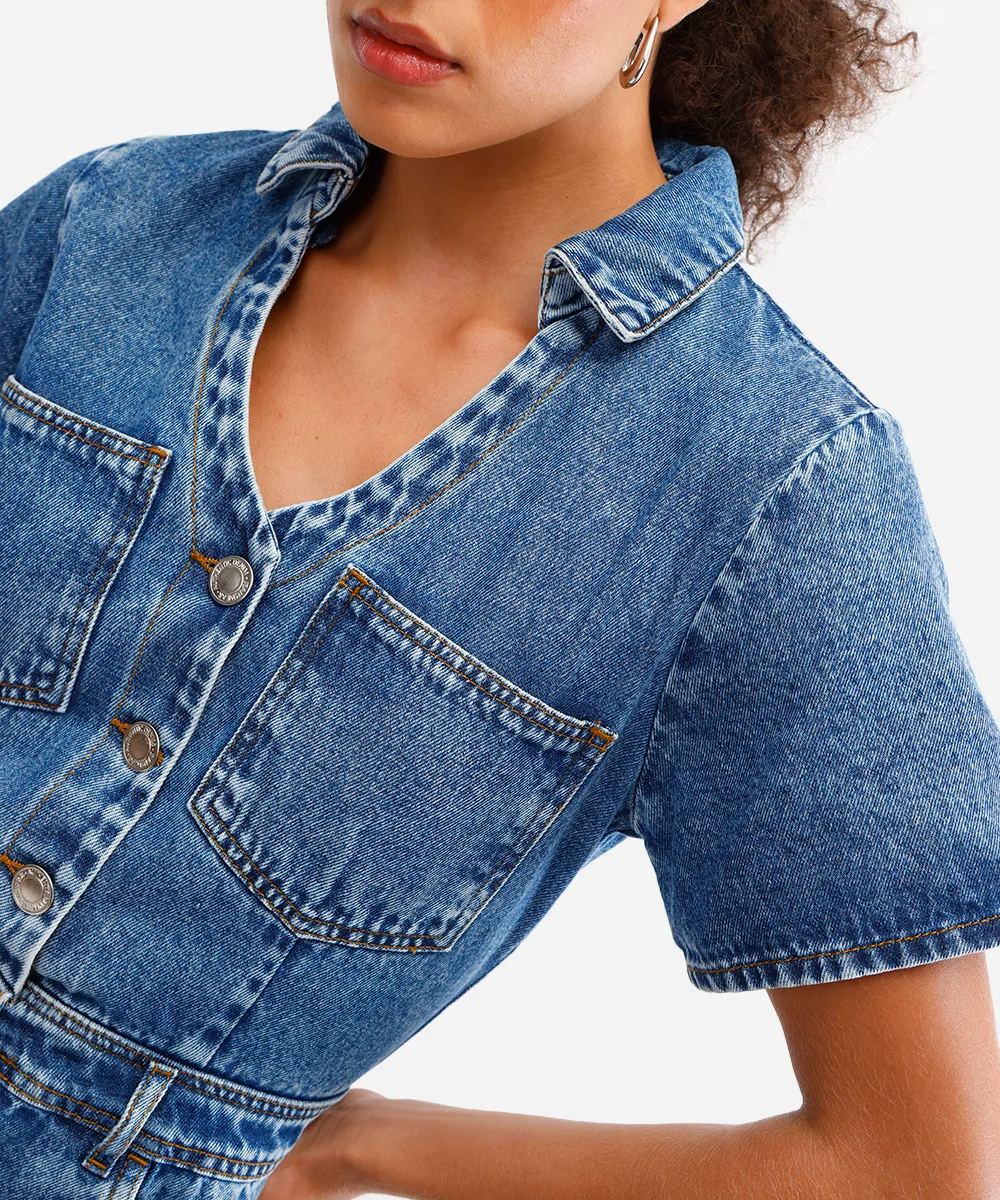 vestido curto feminino jeans decote v azul — foto 4