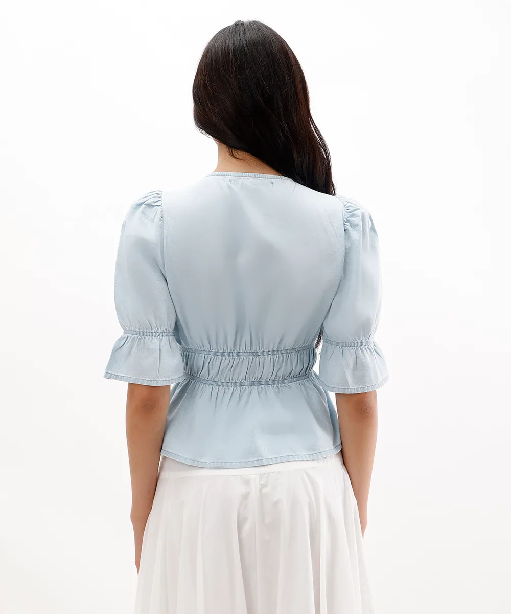 blusa feminina jeans manga bufante azul — foto 2