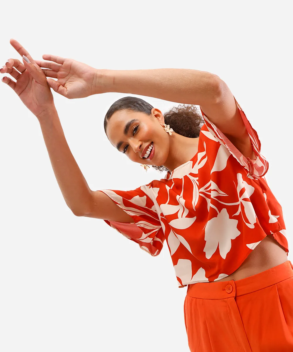 blusa feminina de viscose floral manga curta laranja — foto 5