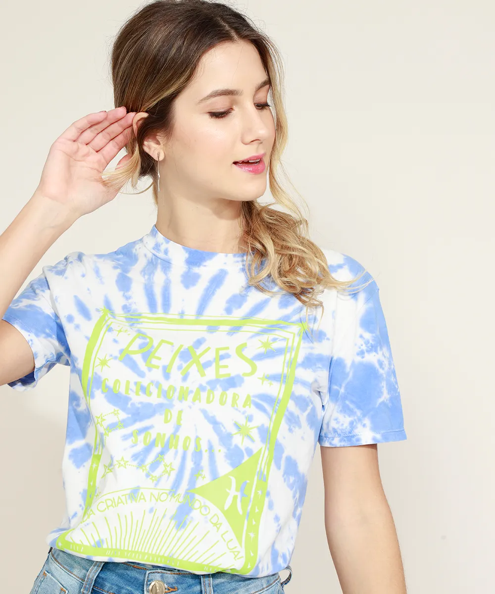 Blusa Feminina Signo Peixes Estampada Tie Dye Manga Curta Decote Redondo Azul — foto 5