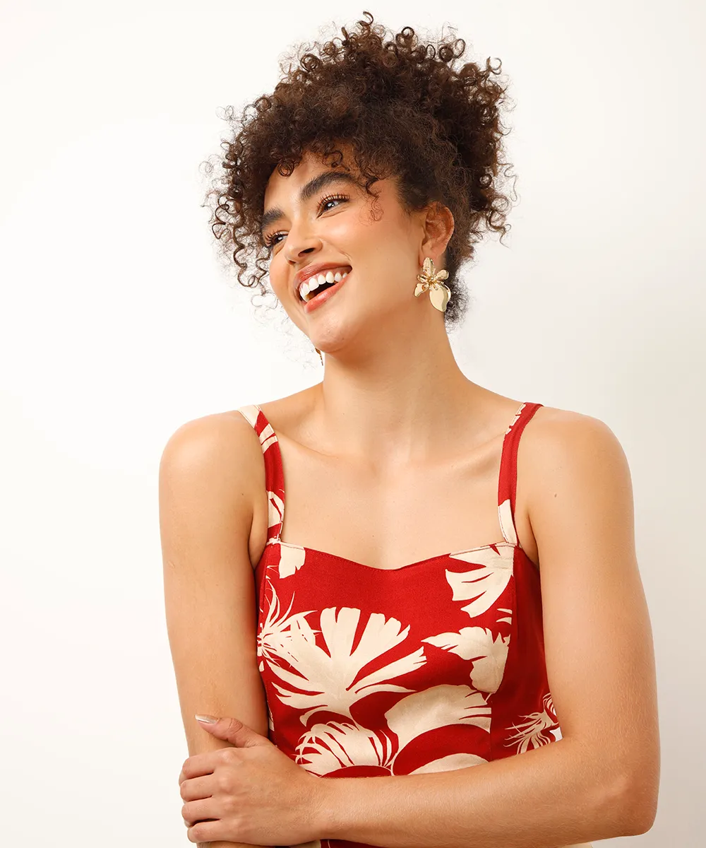 vestido midi de viscose folhagens vermelho — foto 3