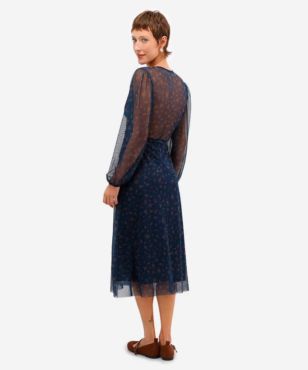vestido midi feminino de tule manga bufante floral azul — foto 2