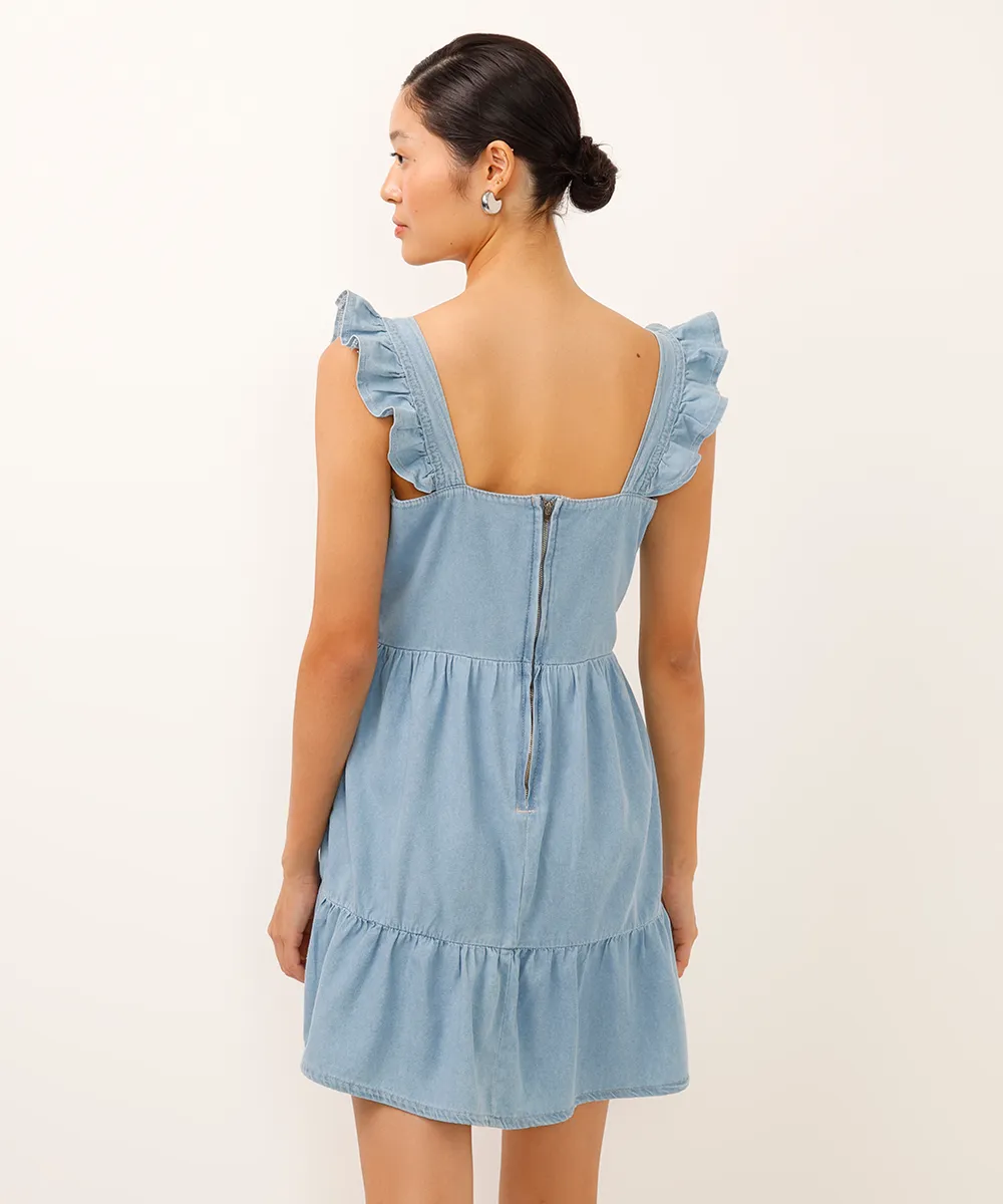 vestido curto jeans alça com babados azul — foto 2