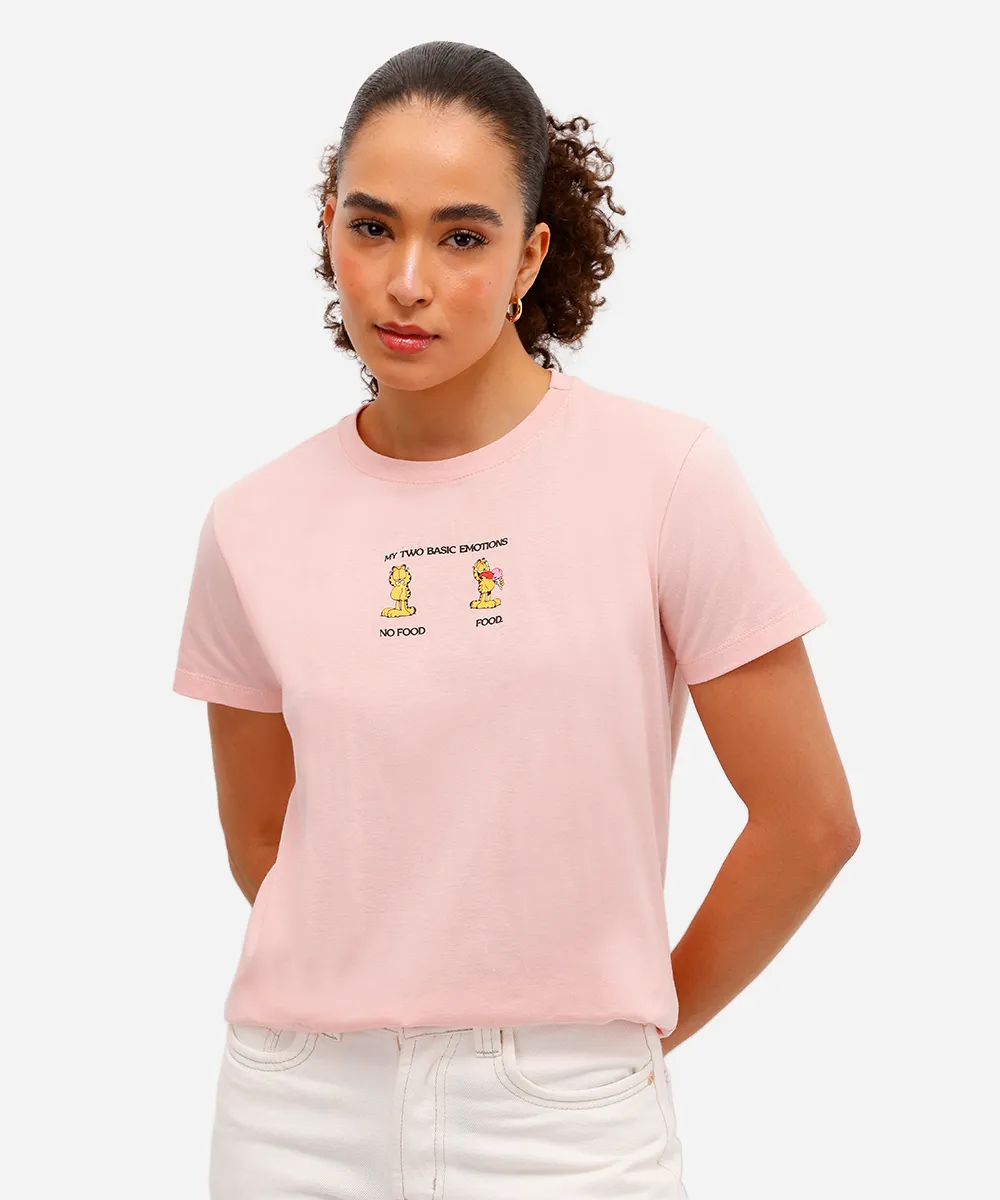 camiseta feminina de algodão garfield rosa