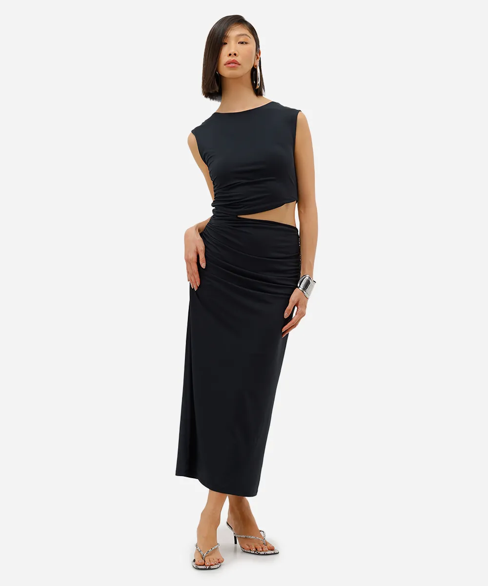 vestido midi feminino com recorte franzido preto — foto 5
