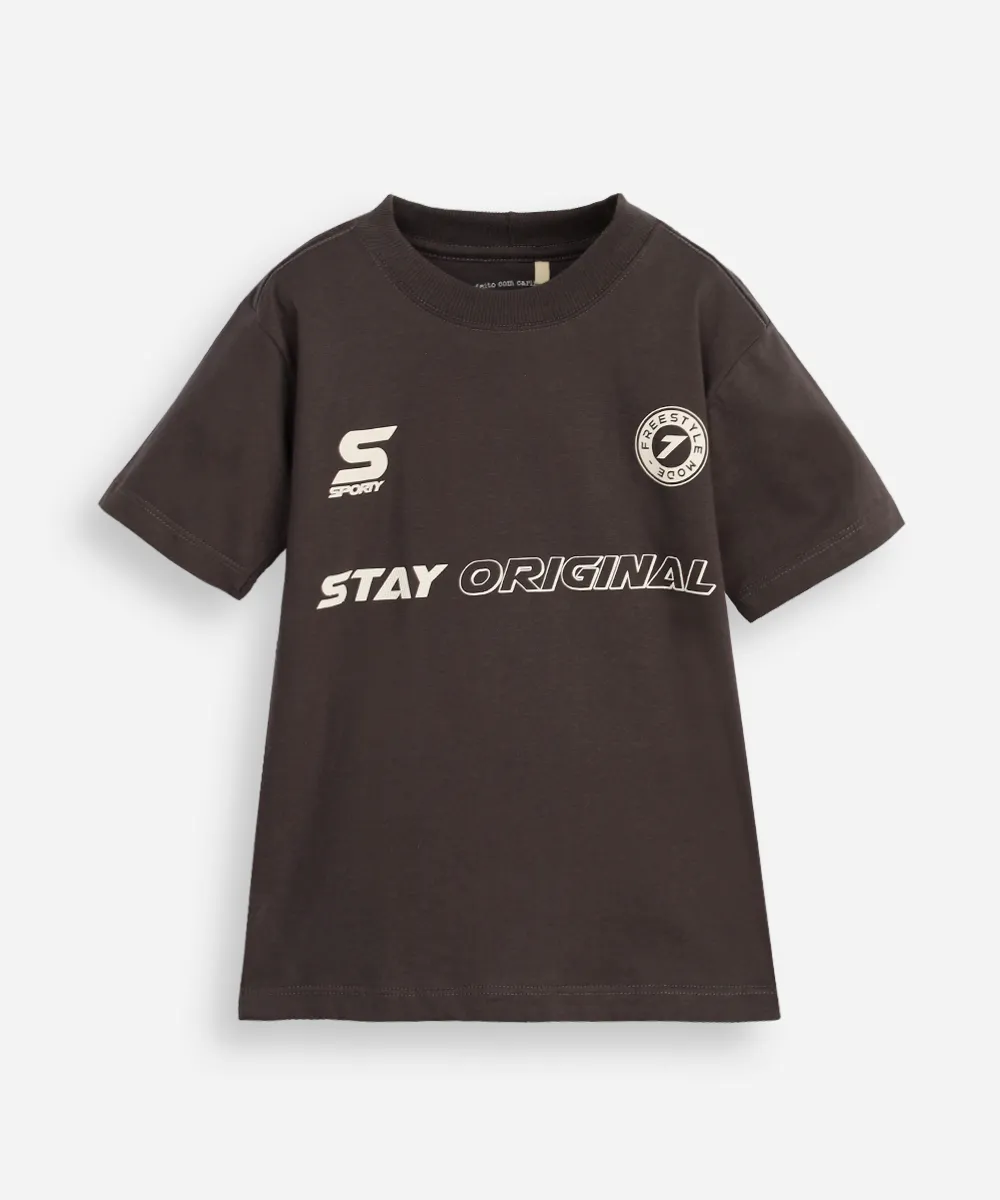 camiseta infantil de algodão estampada cinza
