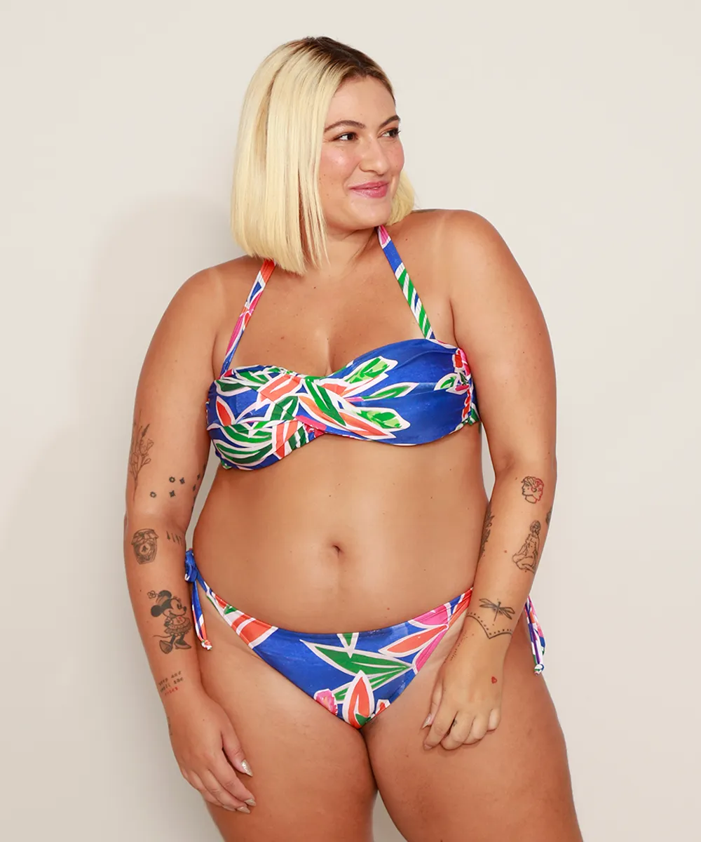 Biquíni Calcinha Plus Size Tanga Estampado Floral de Amarrar com Proteção UV50+ Multicor — foto 5