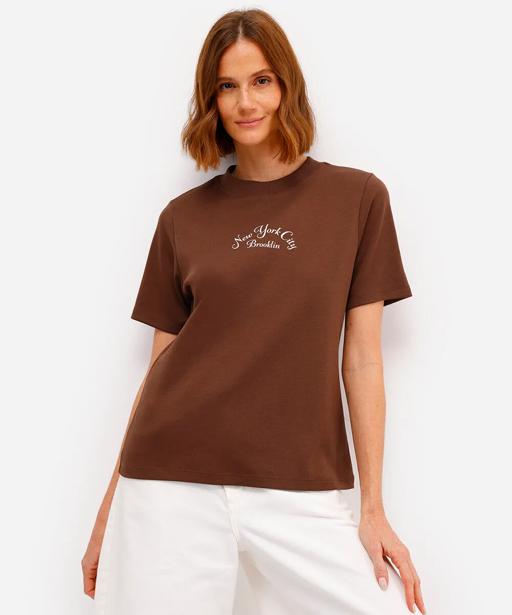 camiseta feminina de algodão peruano estampada marrom