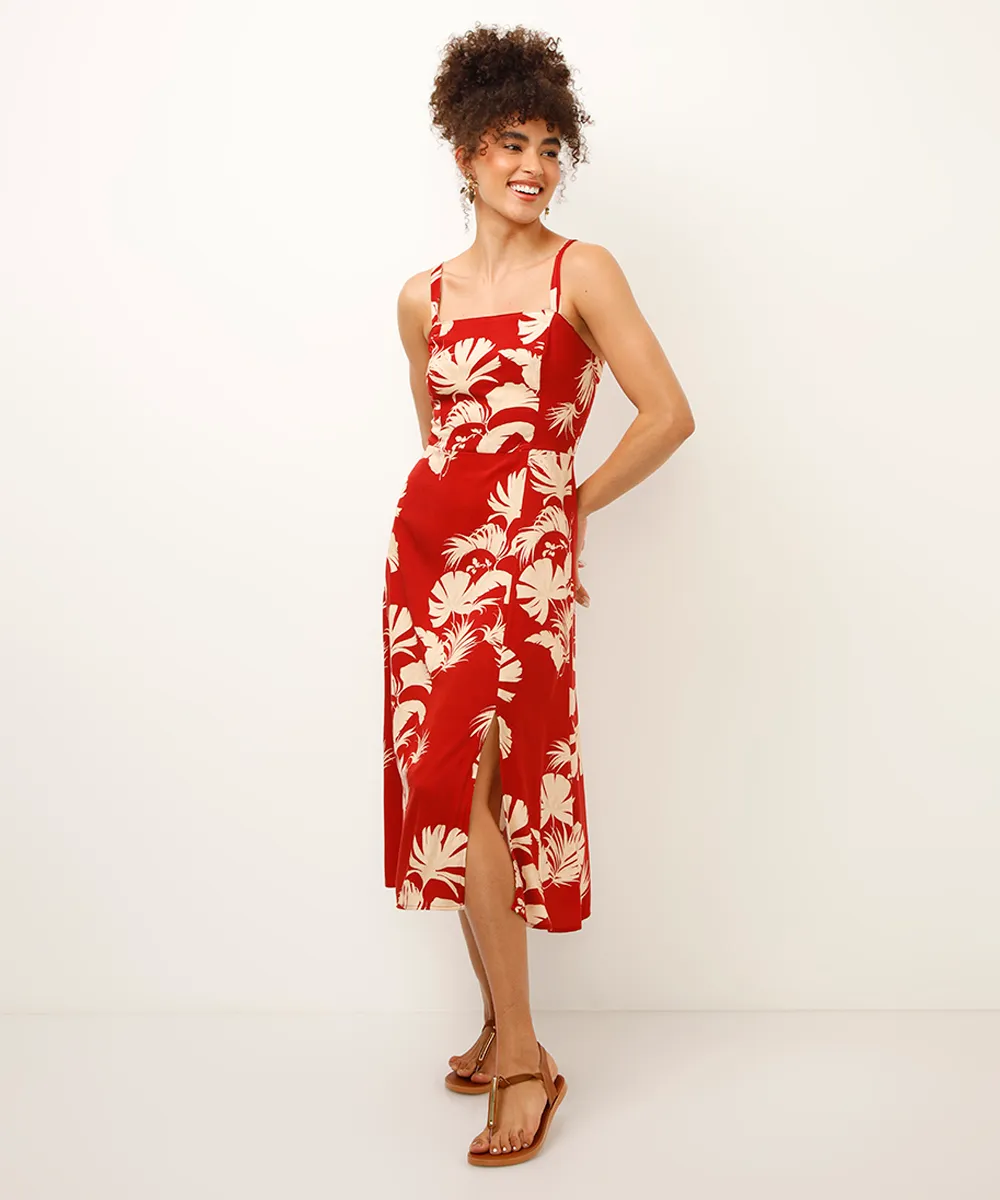 vestido midi de viscose folhagens vermelho