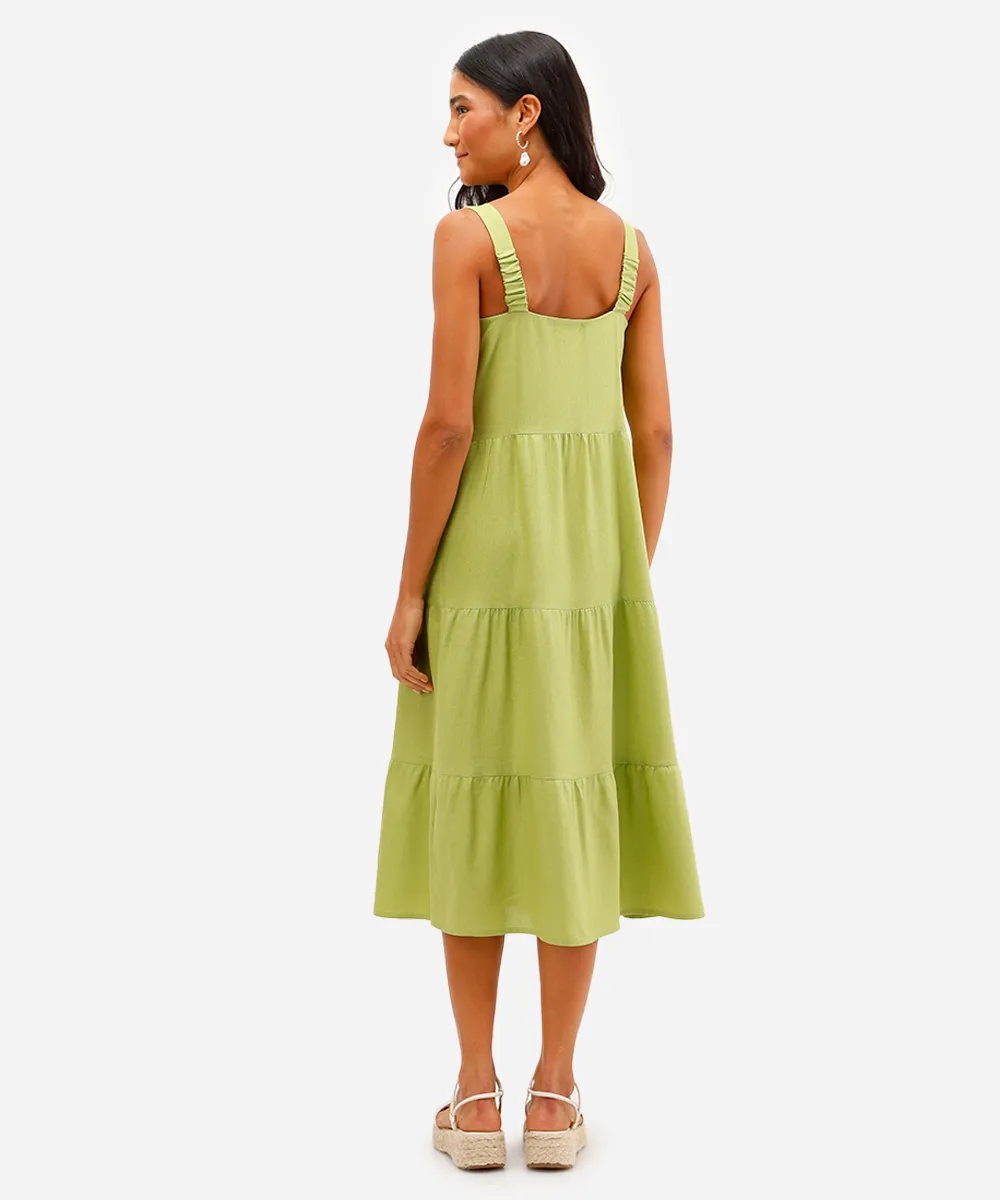 vestido midi feminino com linho e recortes verde — foto 2