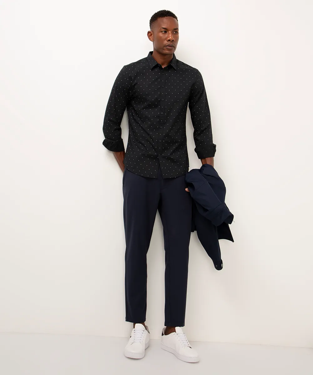 camisa de algodão slim poá manga longa preta — foto 3