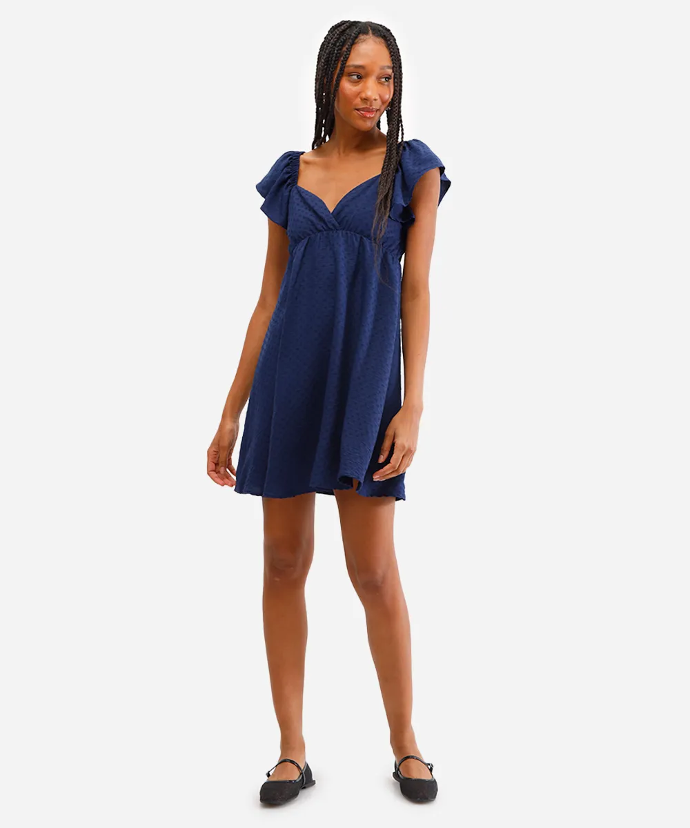vestido curto feminino texturizado manga bufante azul — foto 3