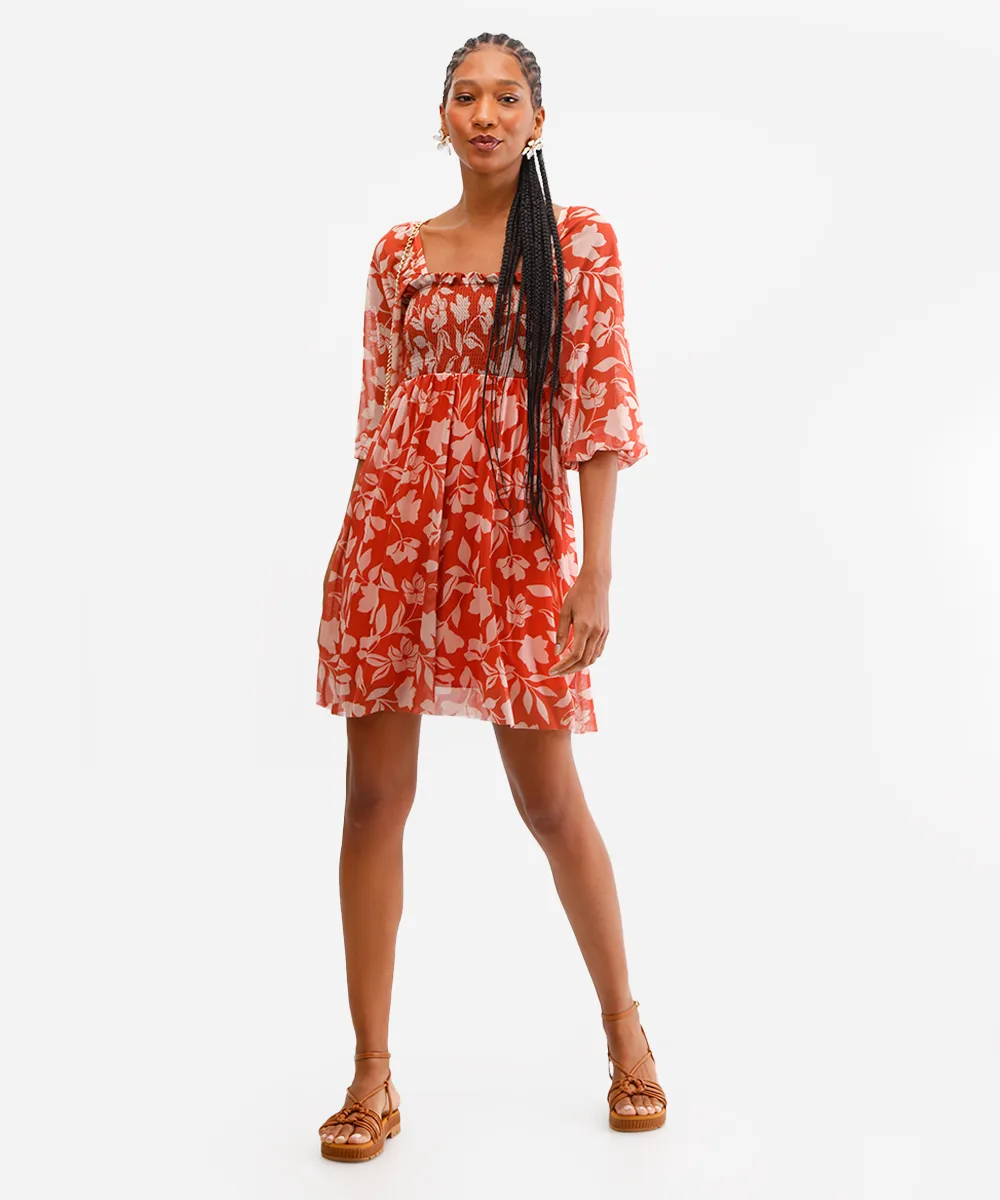 vestido curto feminino de tule manga bufante floral laranja — foto 2