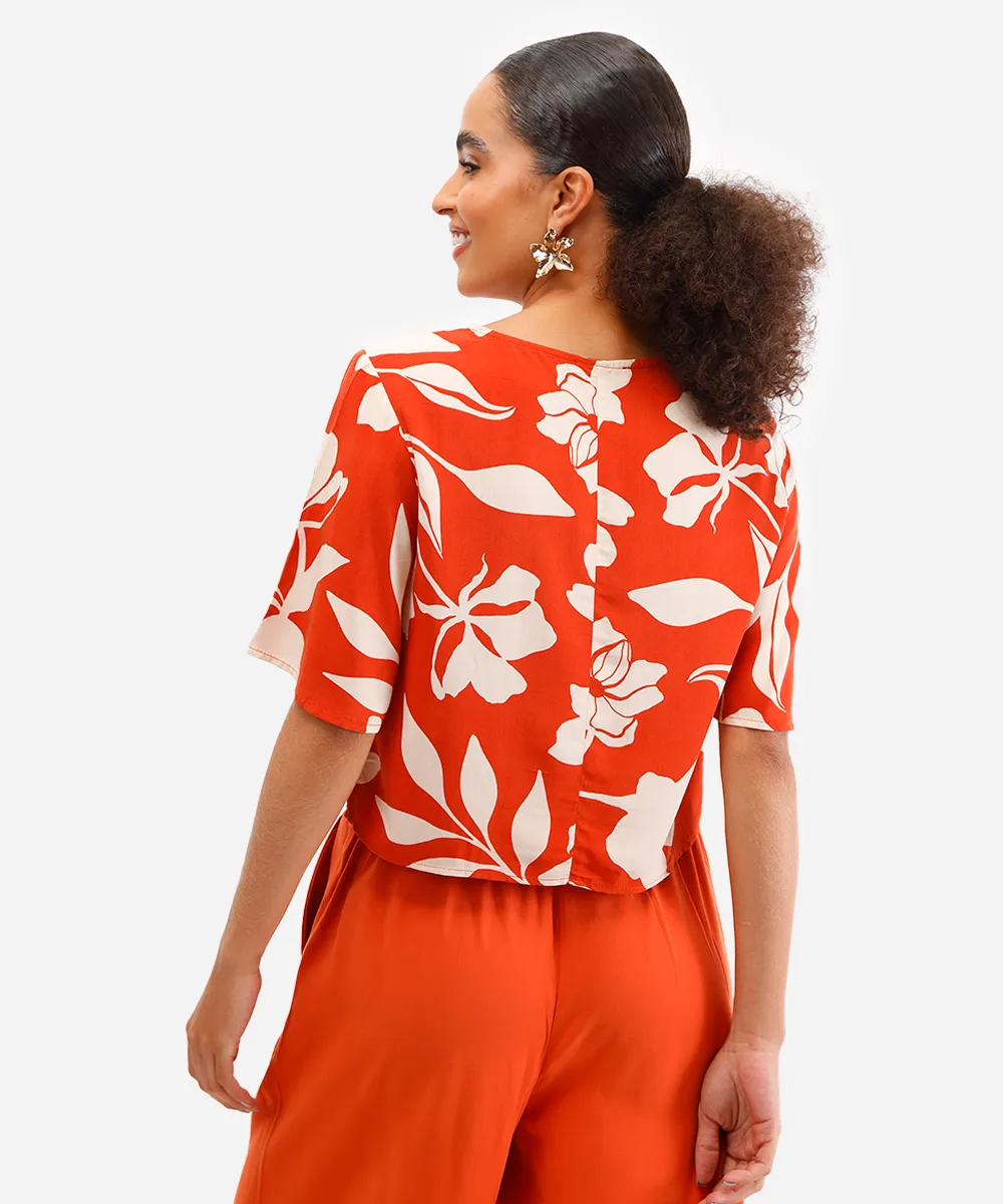 blusa feminina de viscose floral manga curta laranja — foto 2