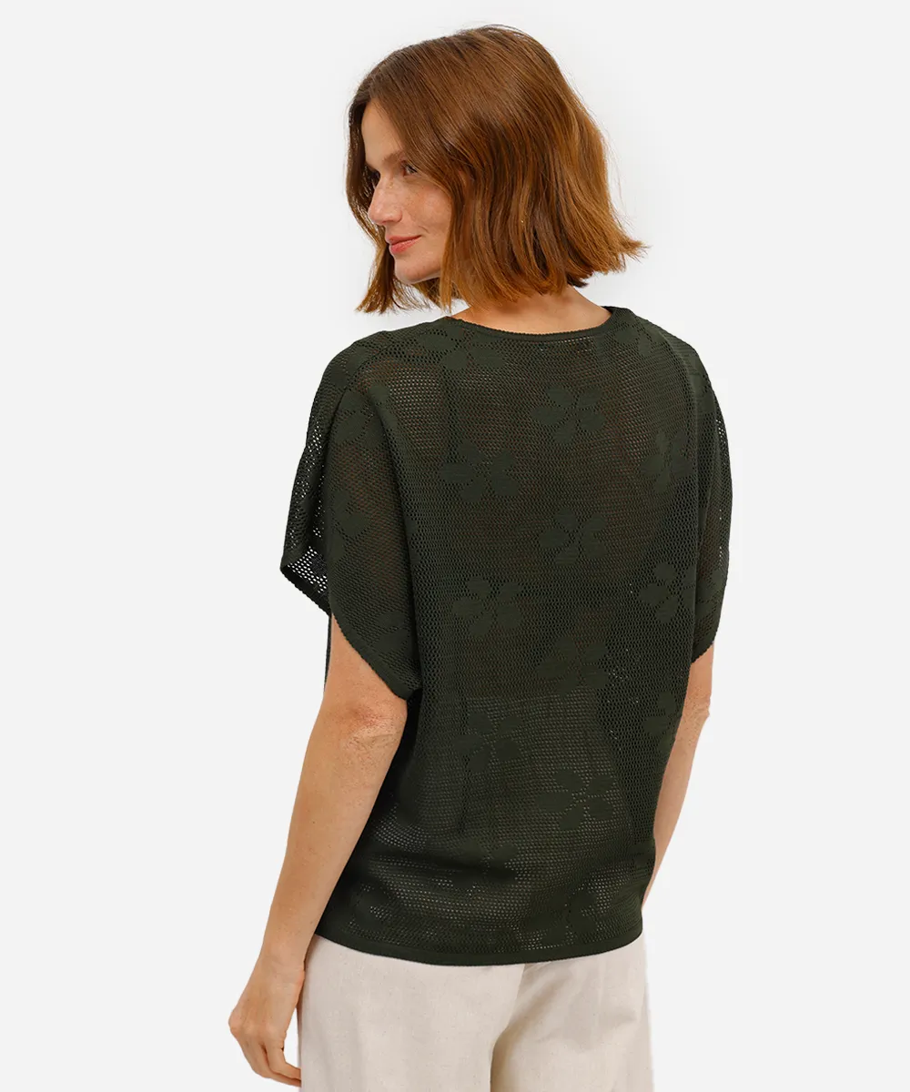 blusa feminina de tricot decote v floral verde — foto 2