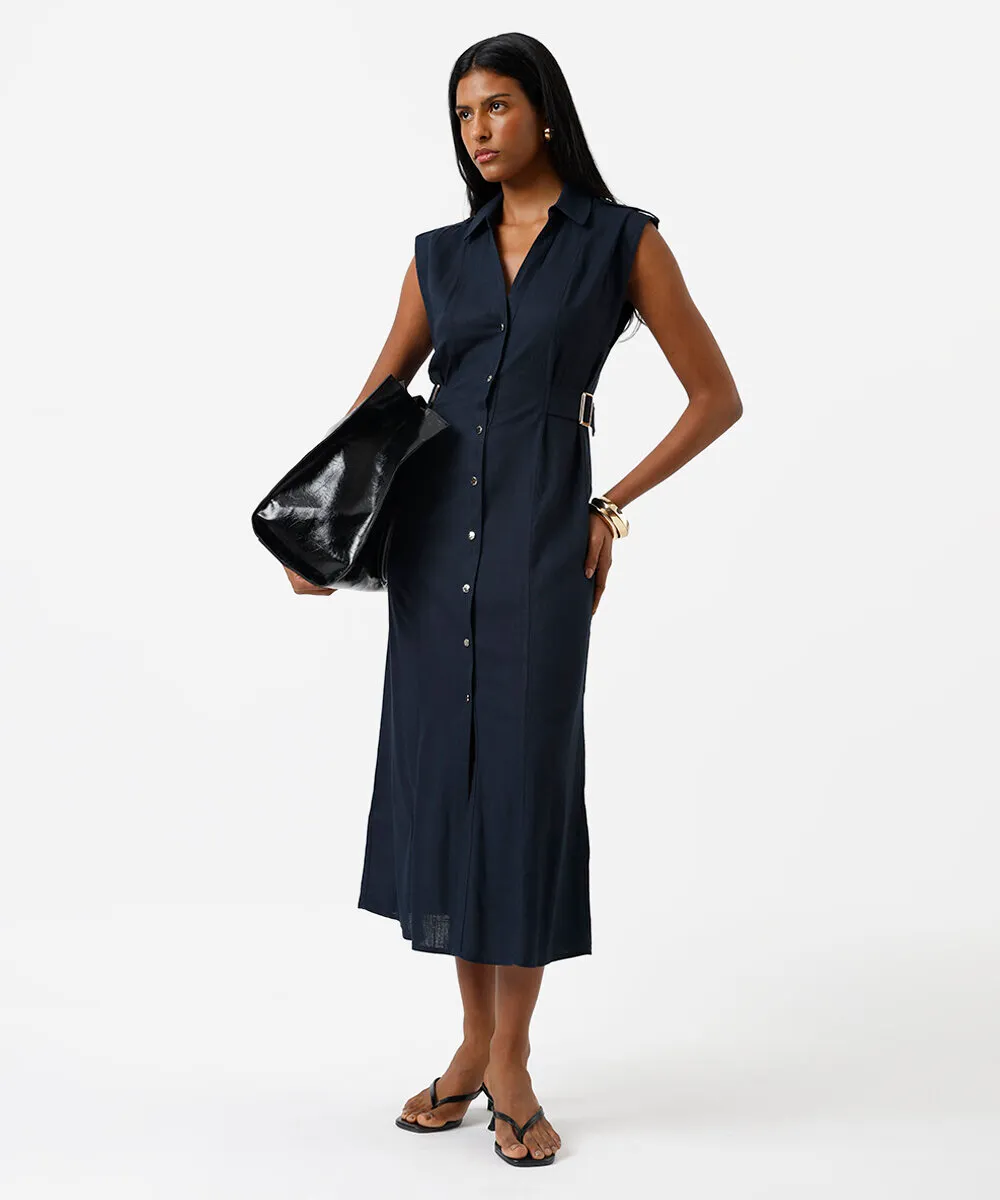 vestido midi chemise feminino com linho azul