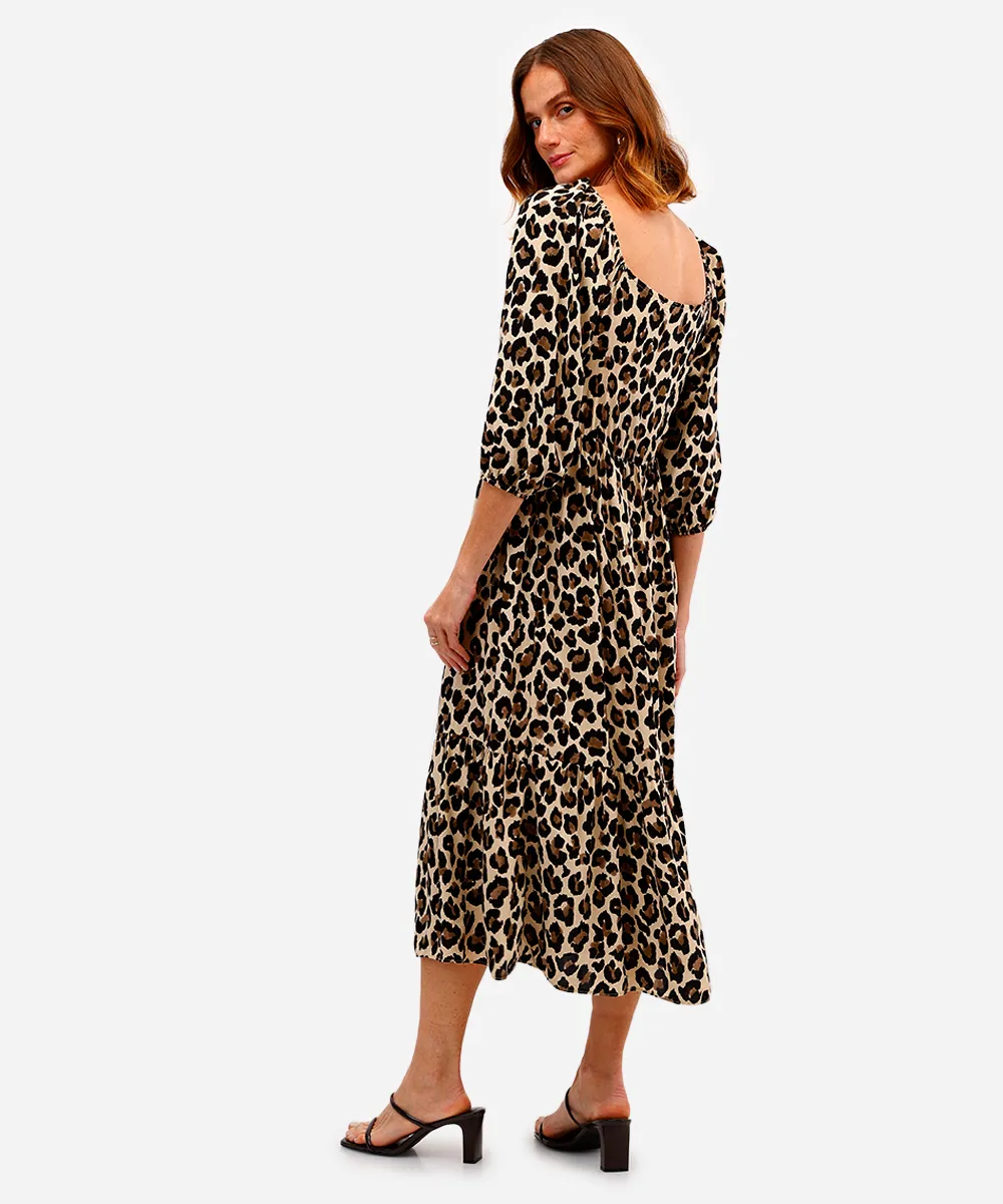 vestido midi feminino de viscose manga bufante animal print bege — foto 2
