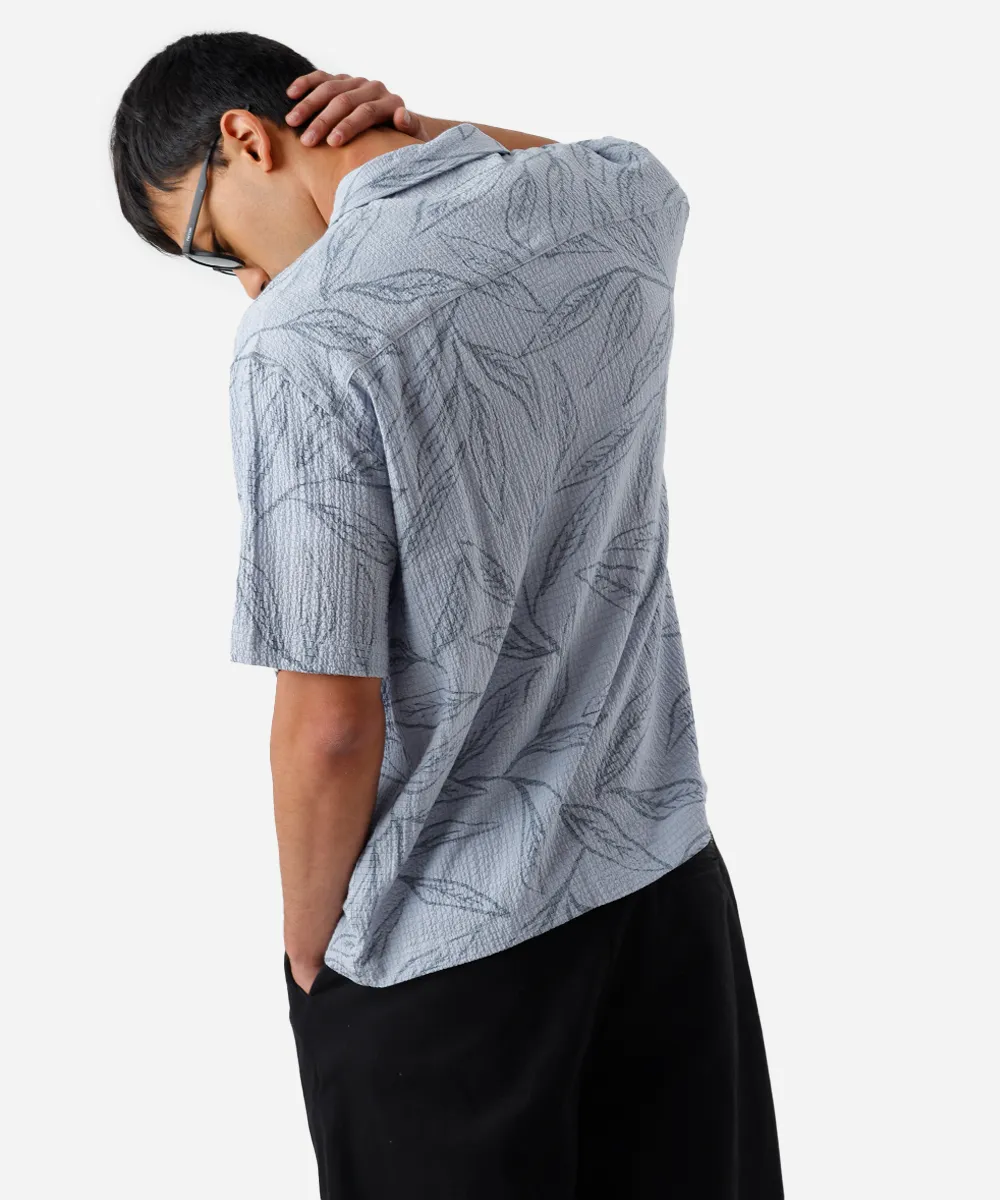 camisa masculina manga curta folhagens texturizada azul — foto 2