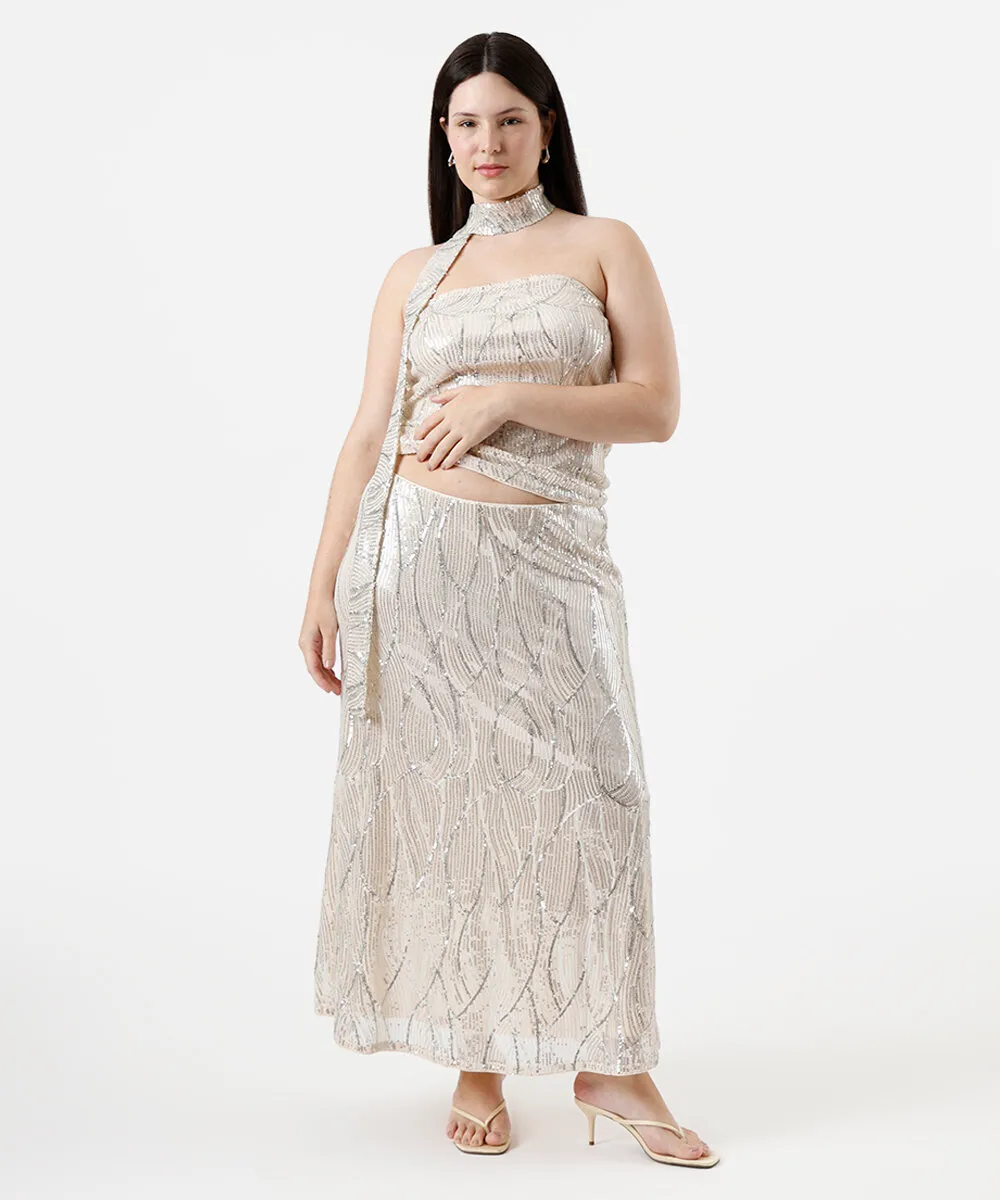 blusa sem alça feminina de paetê com lenço mindset plus size bege — foto 3