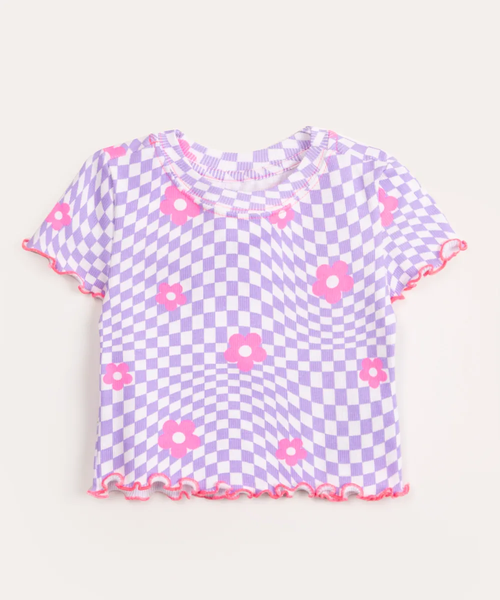 blusa infantil manga curta quadriculada floral multicor