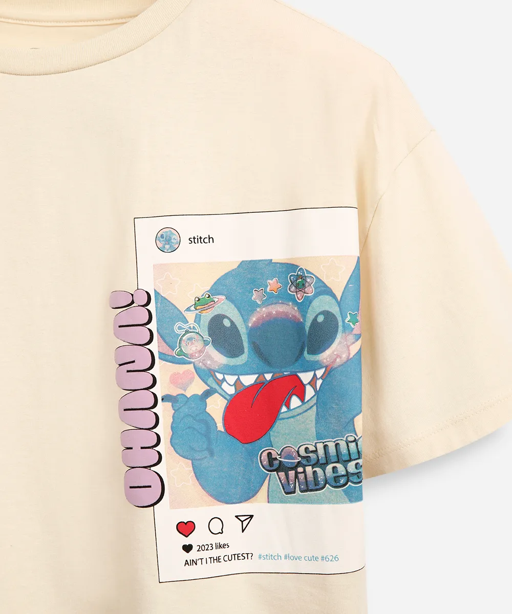 camiseta cropped de algodão juvenil stitch bege — foto 2