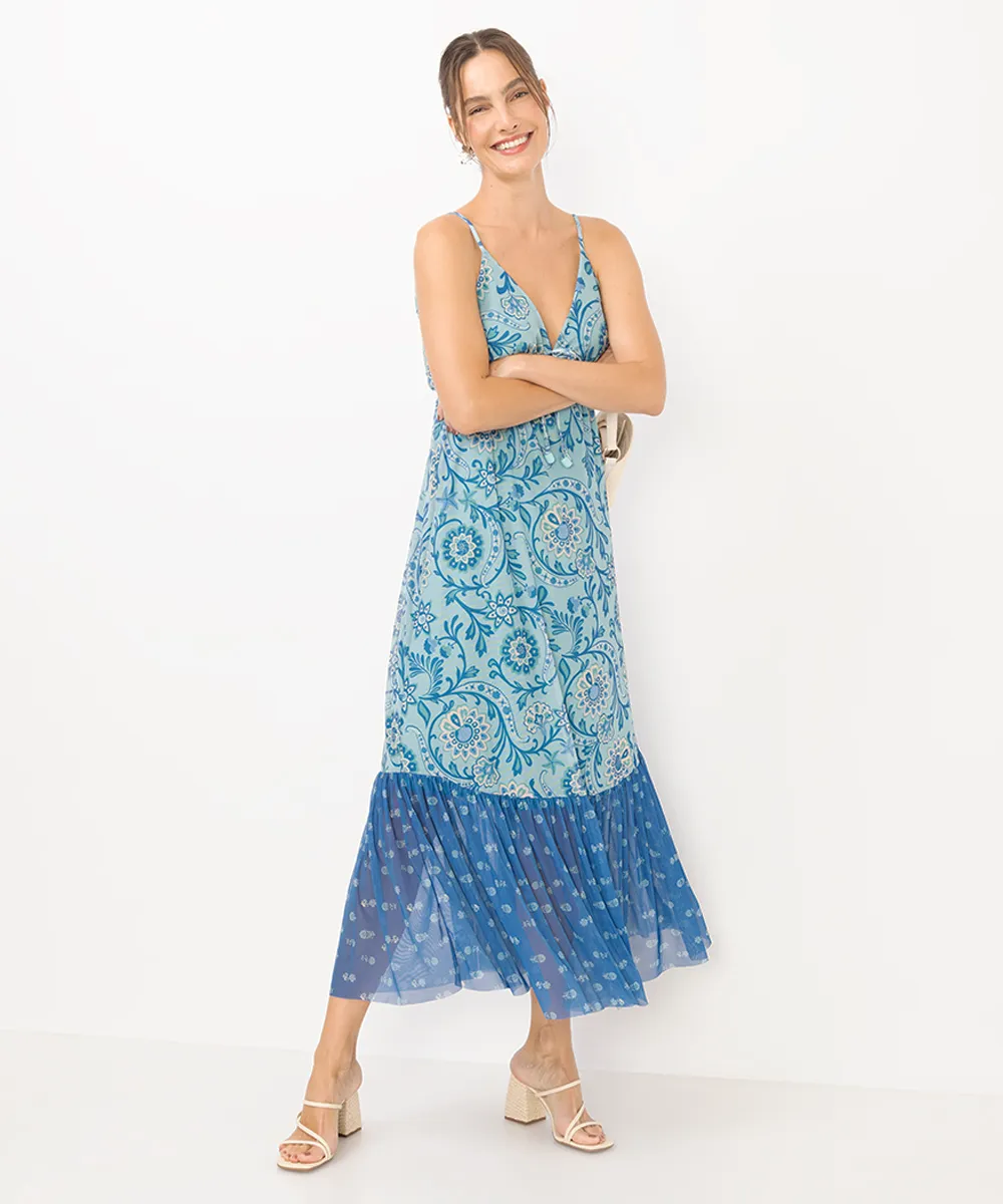 vestido midi feminino de tule estampado azul — foto 3