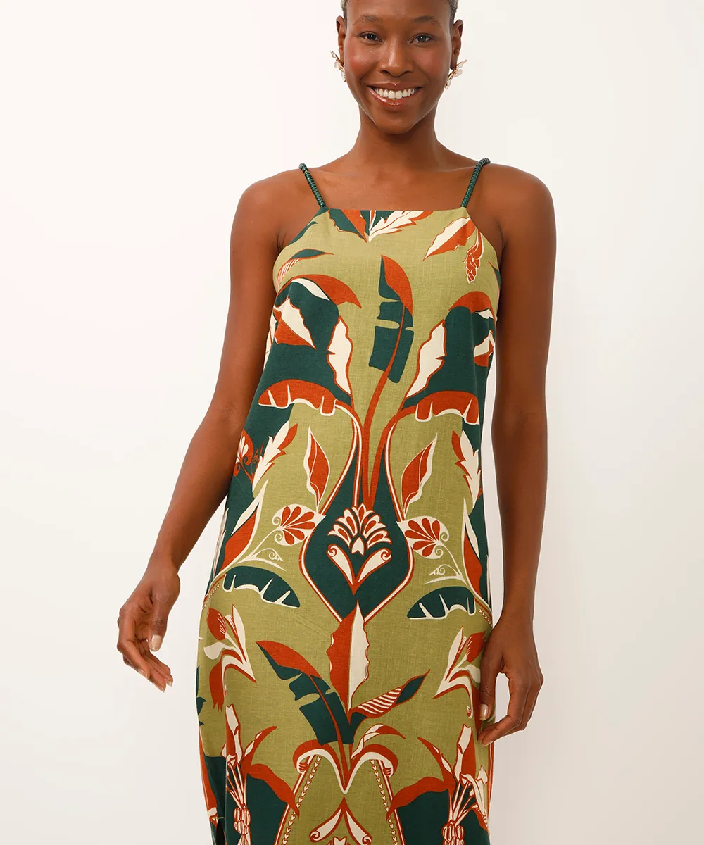 vestido midi alça fina folhagem e arabesco verde — foto 3