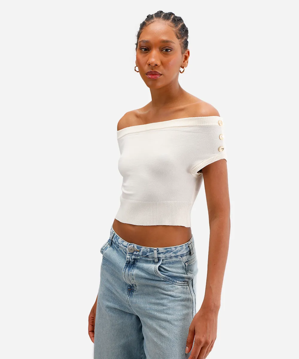 cropped feminino de tricot ombro a ombro off white — foto 5