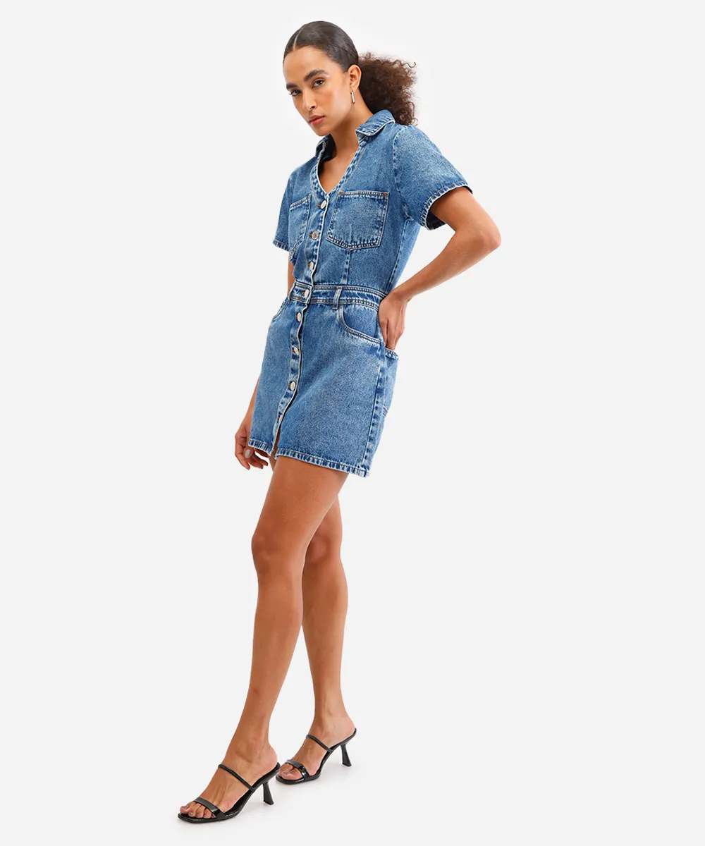 vestido curto feminino jeans decote v azul — foto 3