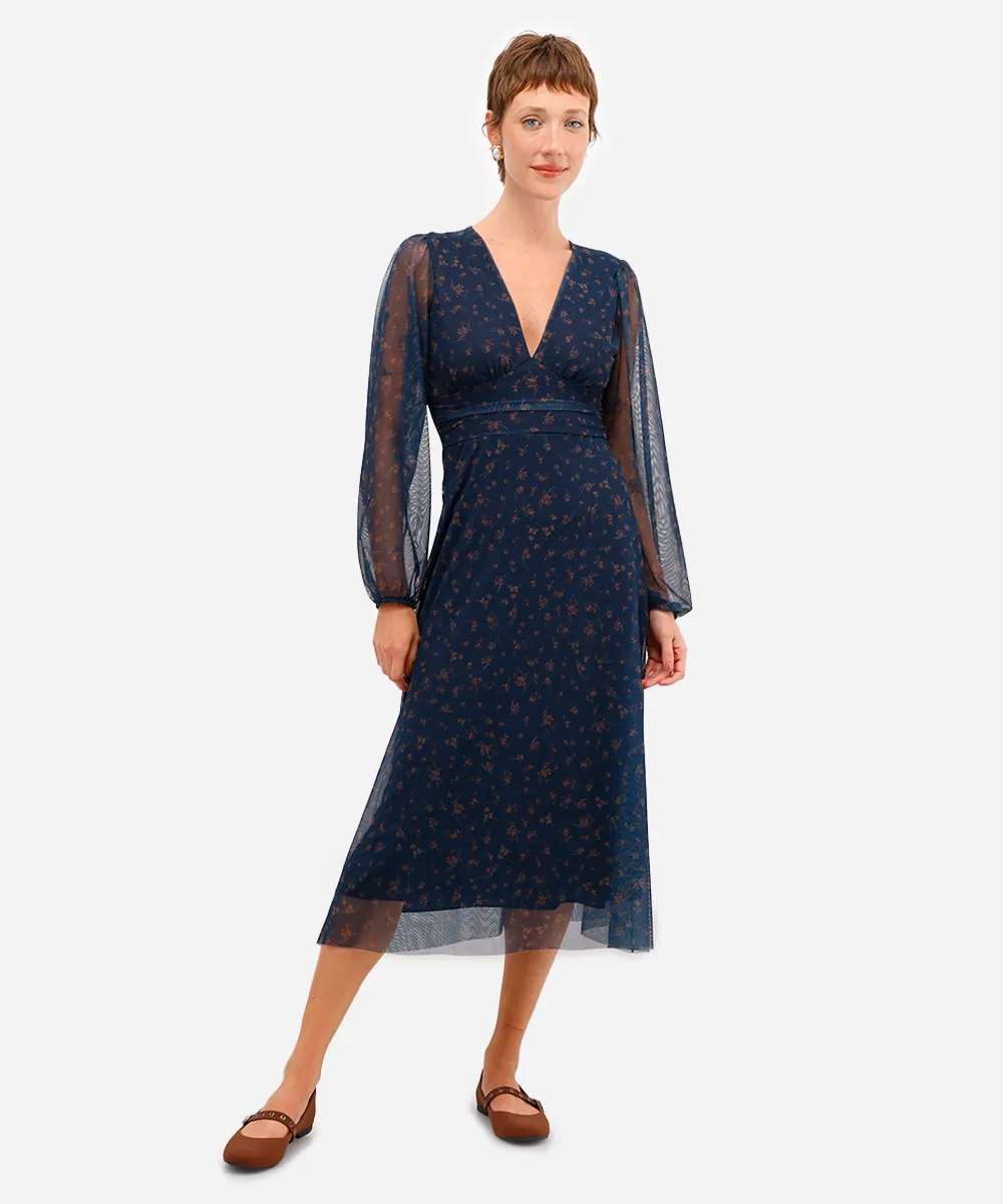 vestido midi feminino de tule manga bufante floral azul — foto 3