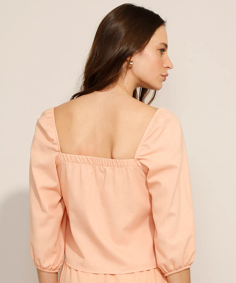 Blusa com Linho e Amarração Manga Bufante Decote Reto Rosa — foto 2