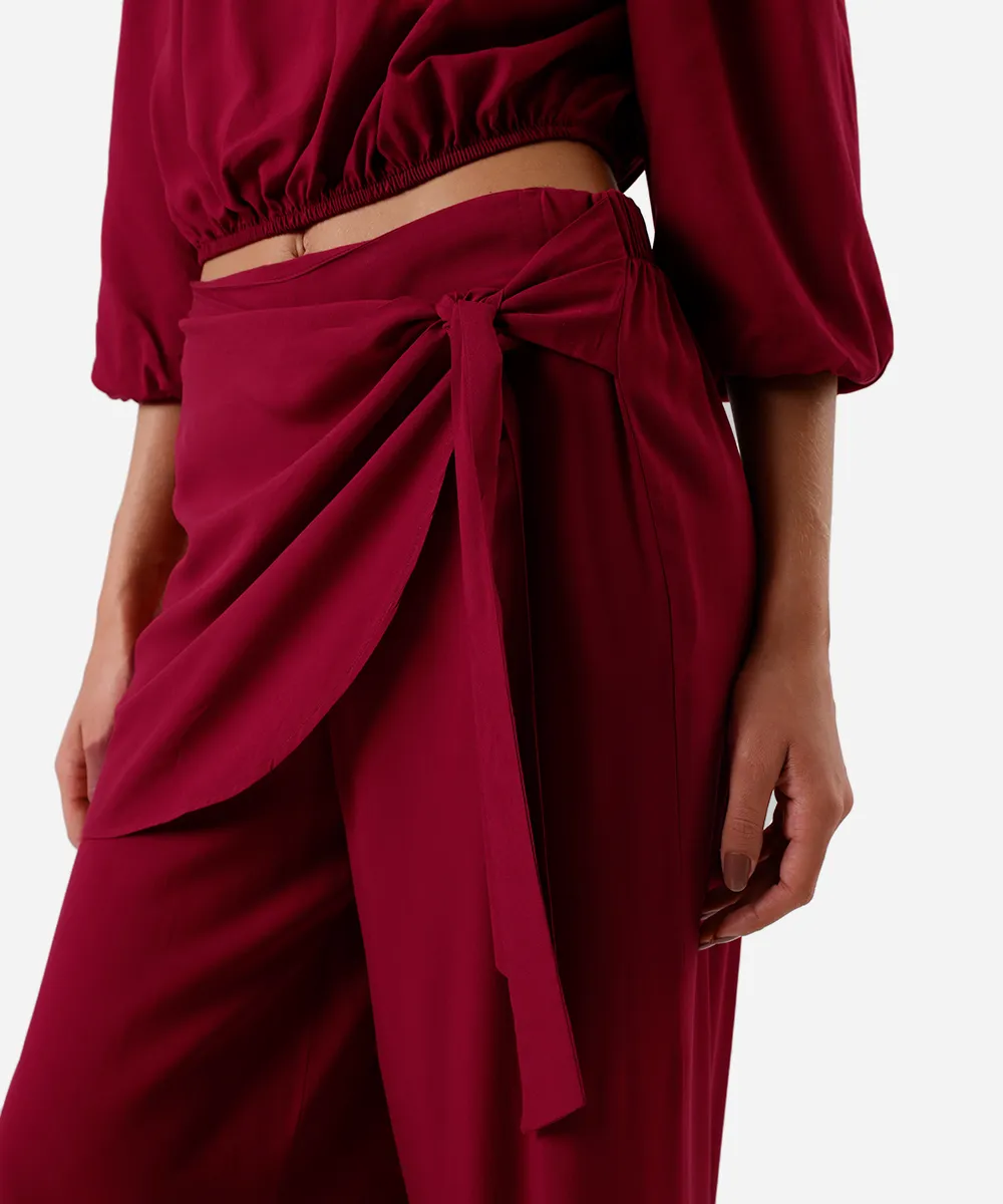 calça feminina de viscose com amarração vinho — foto 4