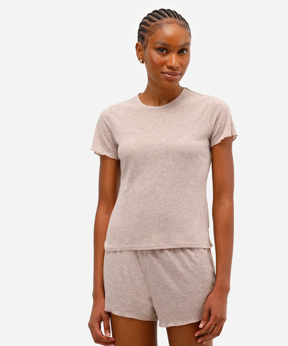 pijama short doll feminino canelado bege