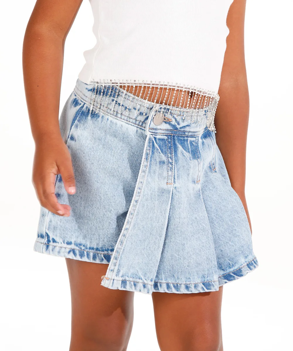 short saia infantil jeans plissado transpassado azul — foto 3