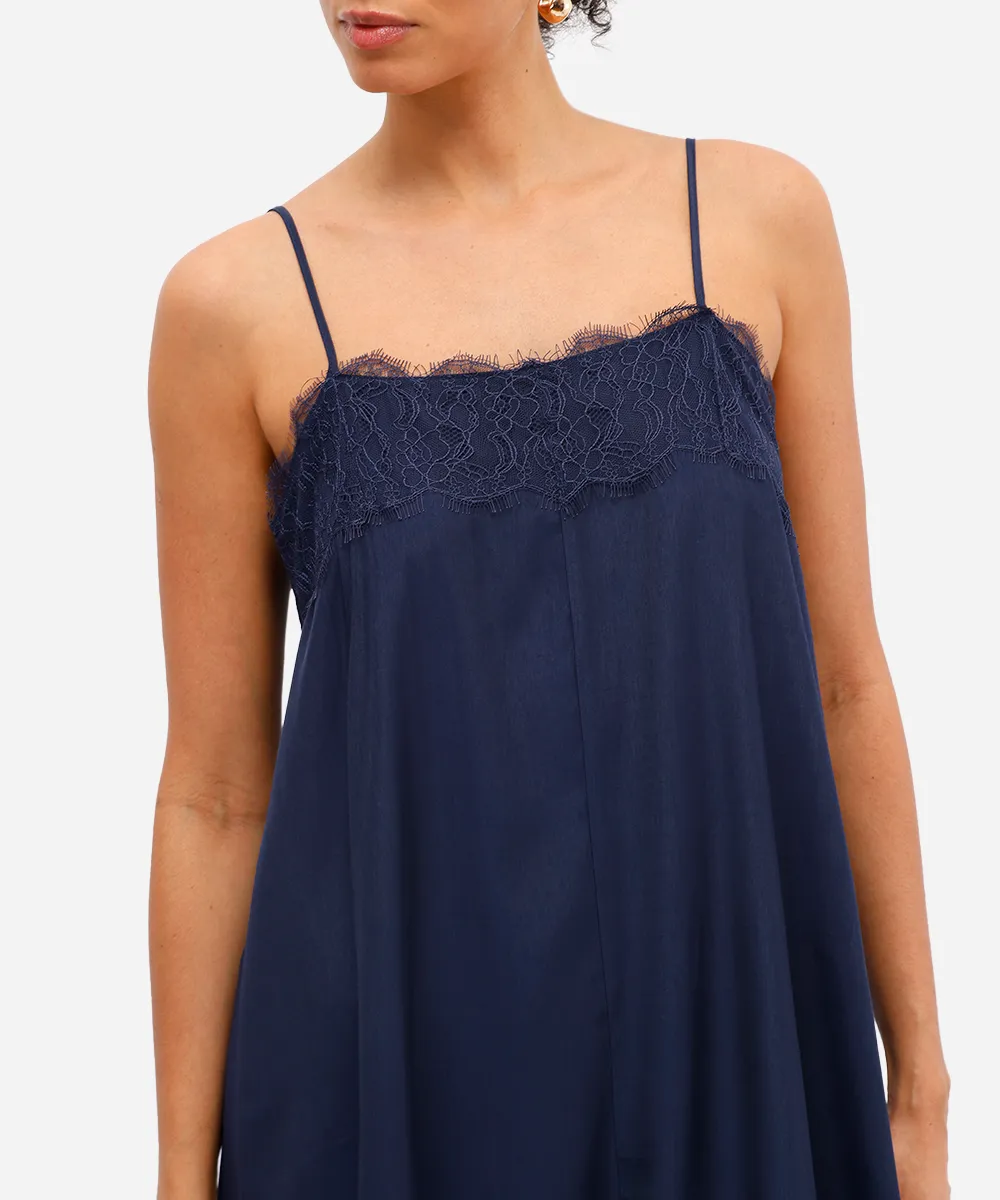 vestido midi feminino com renda acetinado azul — foto 3