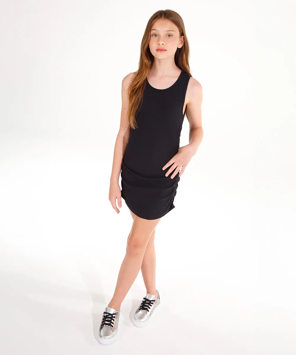vestido de algodão juvenil com franzido preto