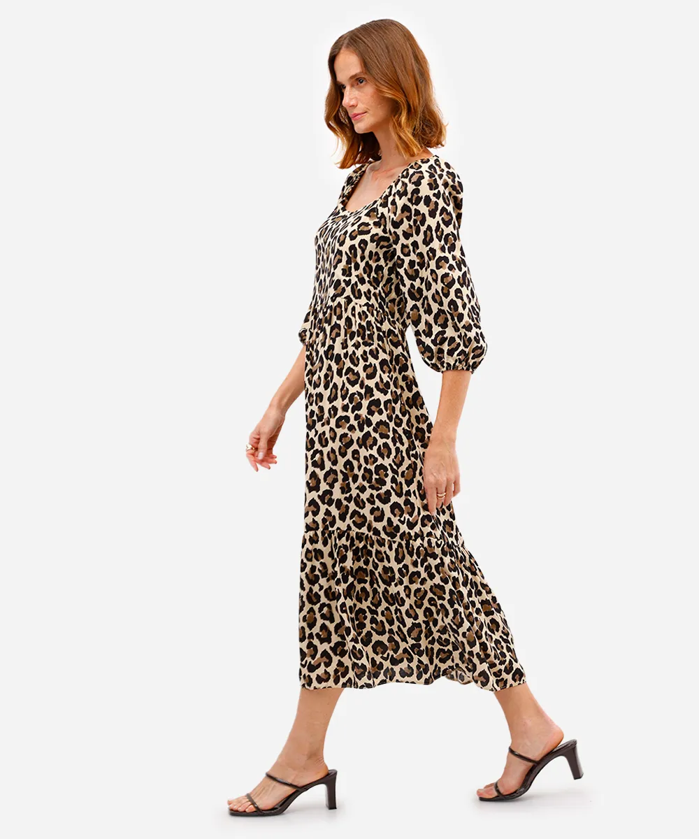 vestido midi feminino de viscose manga bufante animal print bege — foto 4