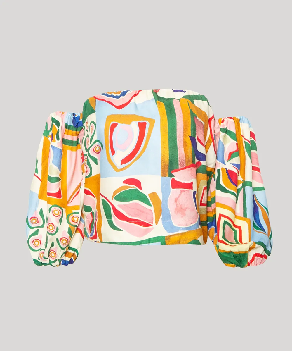 blusa ampla estampada artsy manga bufante ombro a ombro mindset + isabela bueno multicor — foto 5