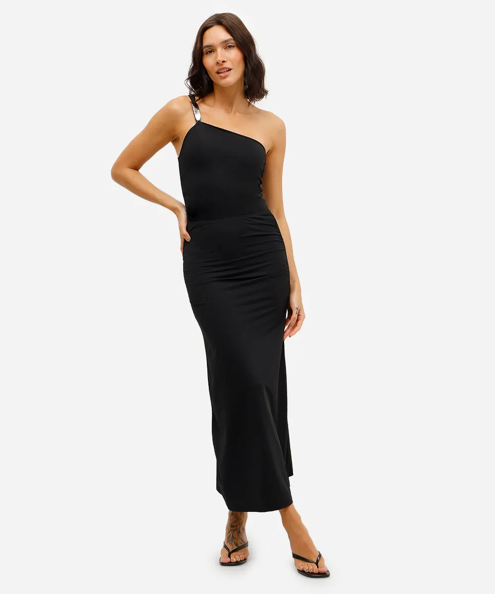 body ombro único feminino de poliamida com pregas preto — foto 4