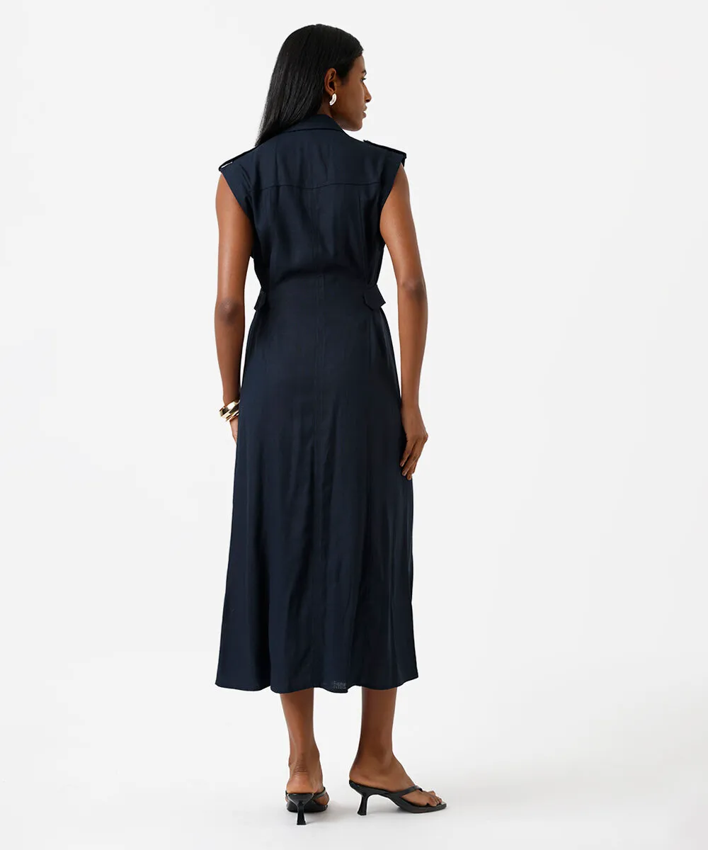 vestido midi chemise feminino com linho azul — foto 2
