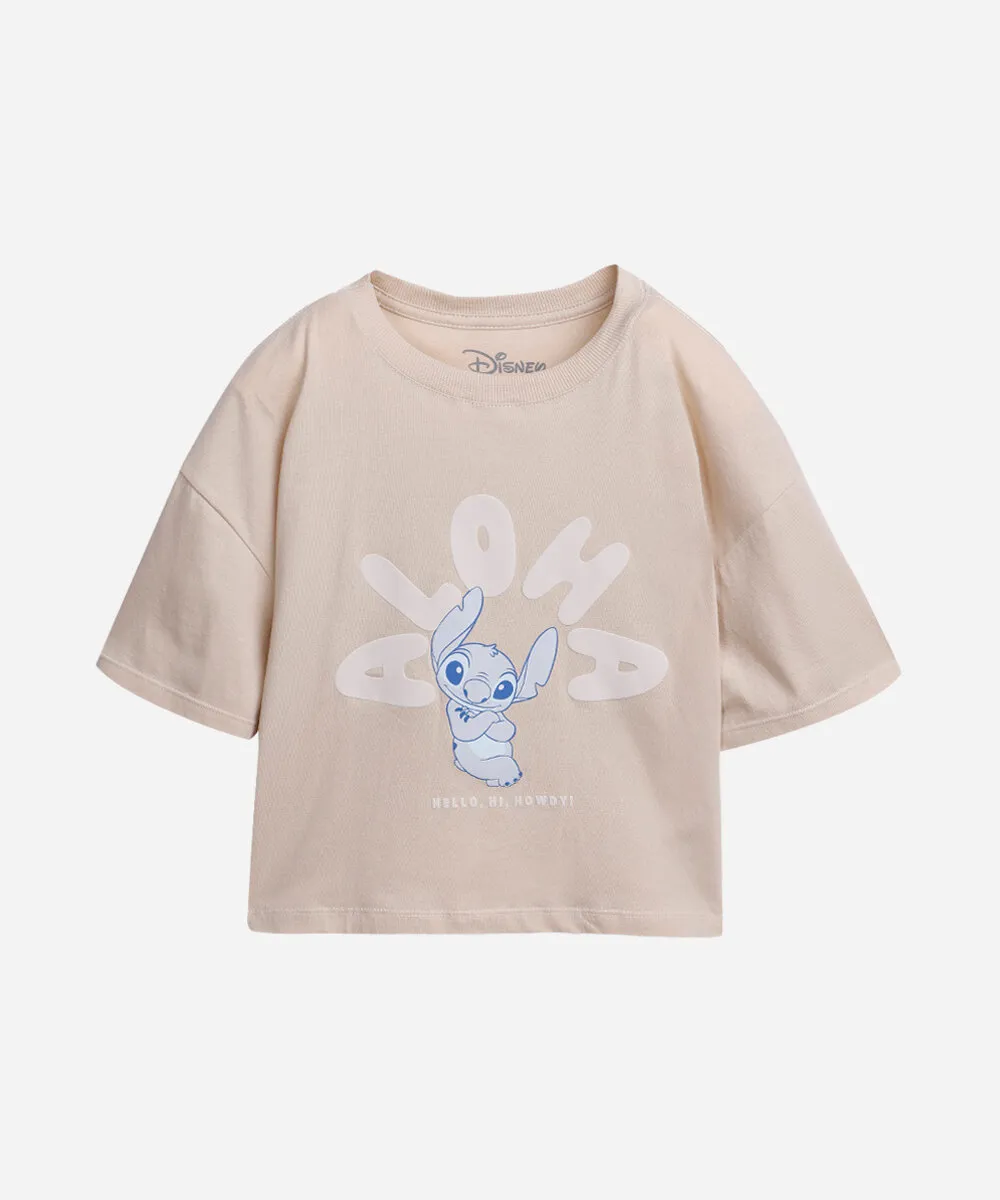 camiseta cropped infantil aloha stitch bege