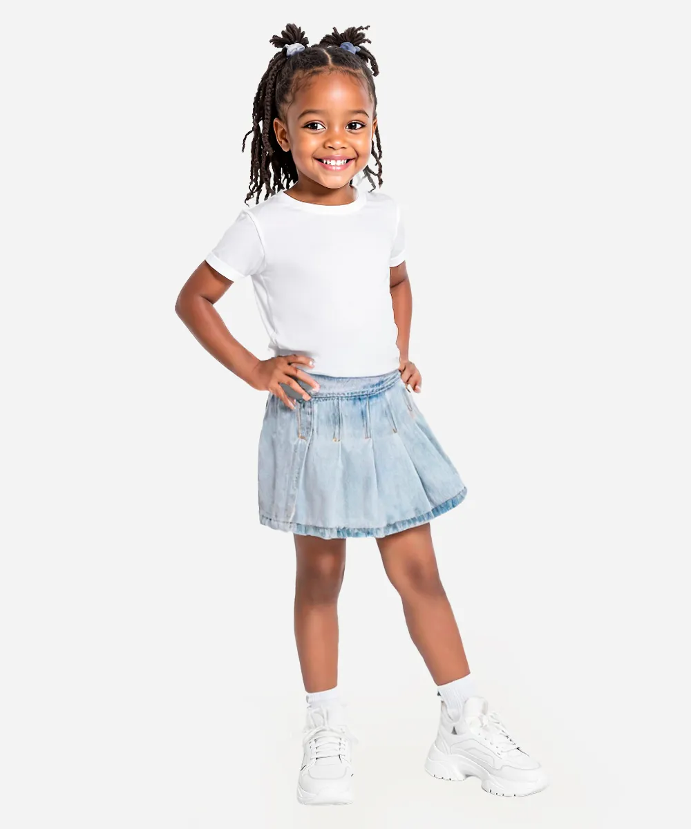 short saia infantil jeans plissado transpassado azul — foto 6