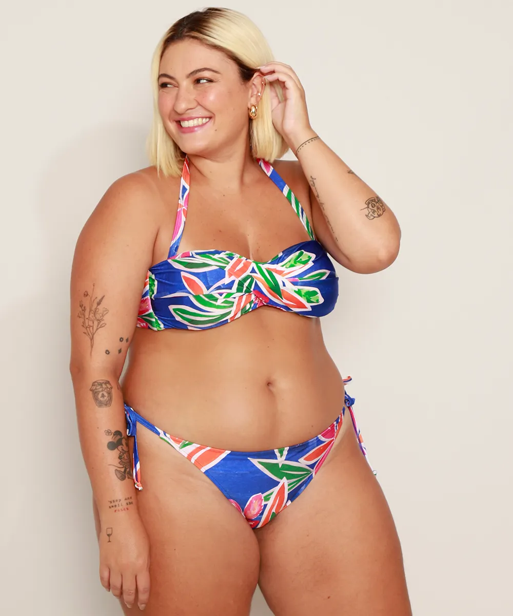 Biquíni Calcinha Plus Size Tanga Estampado Floral de Amarrar com Proteção UV50+ Multicor — foto 3