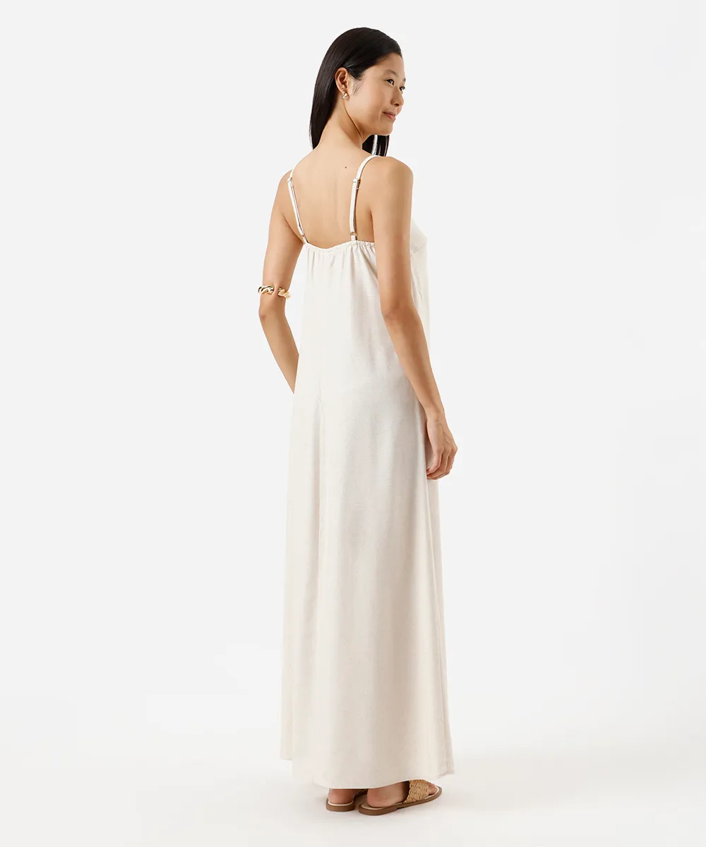 vestido longo alça fina feminino com linho e fenda bege — foto 2
