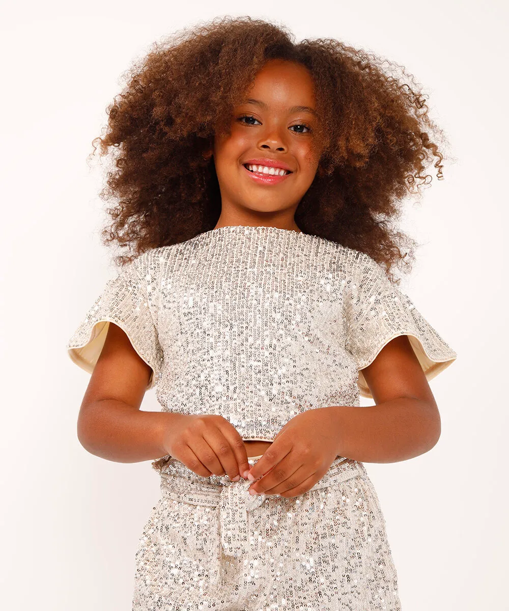 blusa de paetê infantil manga curta dourado